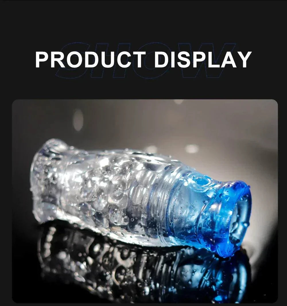 Male masturbator cup with soft silicone and transparent design.