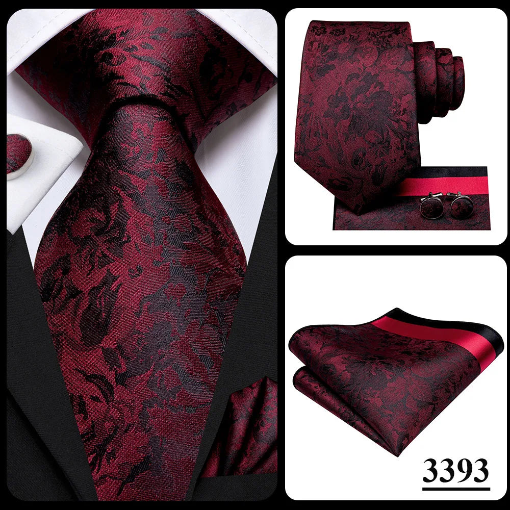 Hi-Tie Designer Red Burgundy Plaid Silk Wedding Tie For Men Handky Cufflink Gift Mens Necktie Fashion Business Party Dropshiping Good Vibrations