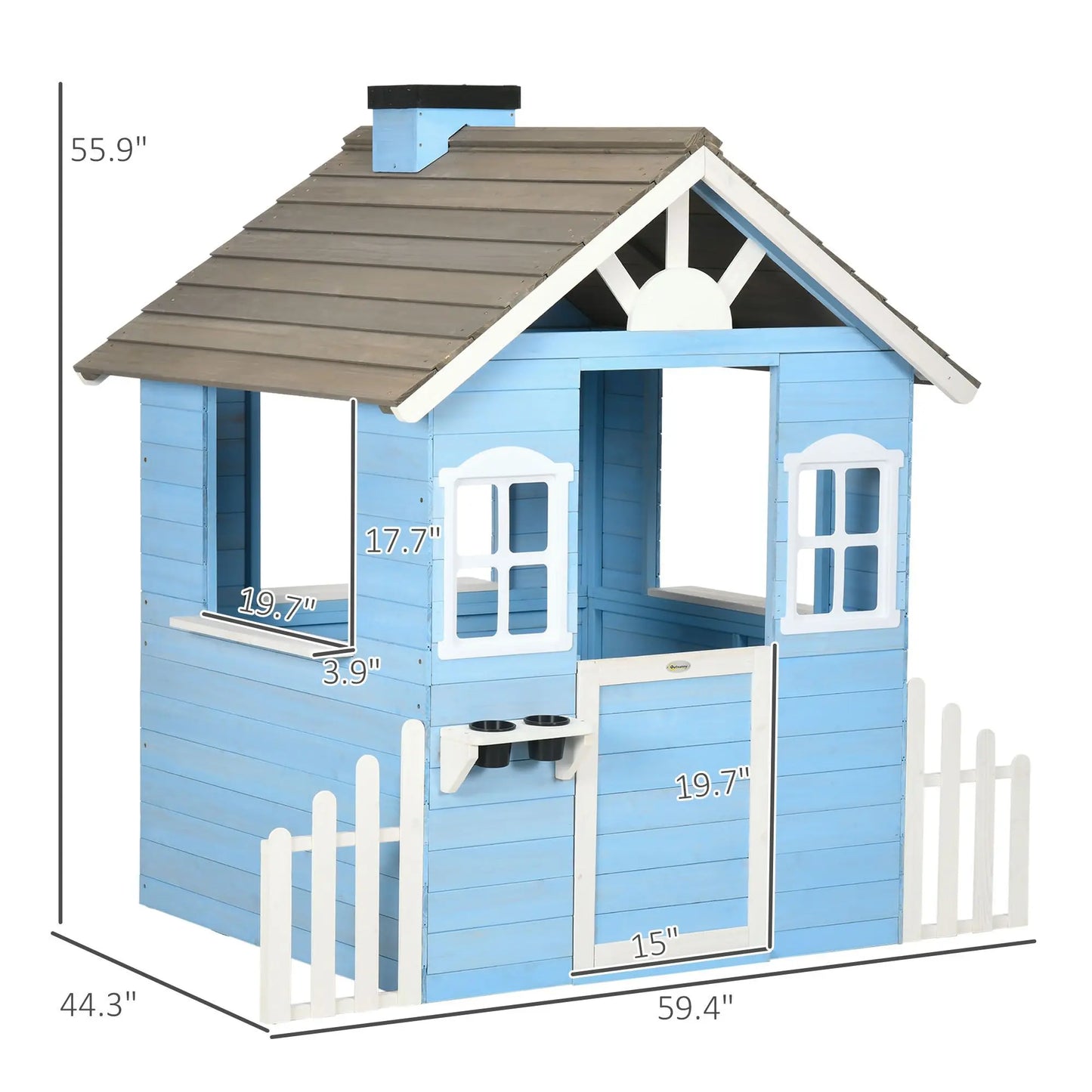 Wooden Playhouse for Kids Outdoor with Flower Pot Holders, Door, Windows, Service Stations for 3-7 Years, Blue Good Vibrations