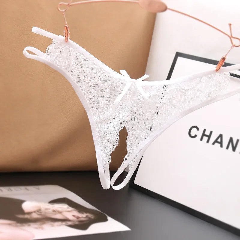 Poblador Sexy Lingerie Women's Panties Crotch Opening Transparent G-strings Thongs Solid Bowknot Underwear for Women Lace Pantys Good Vibrations