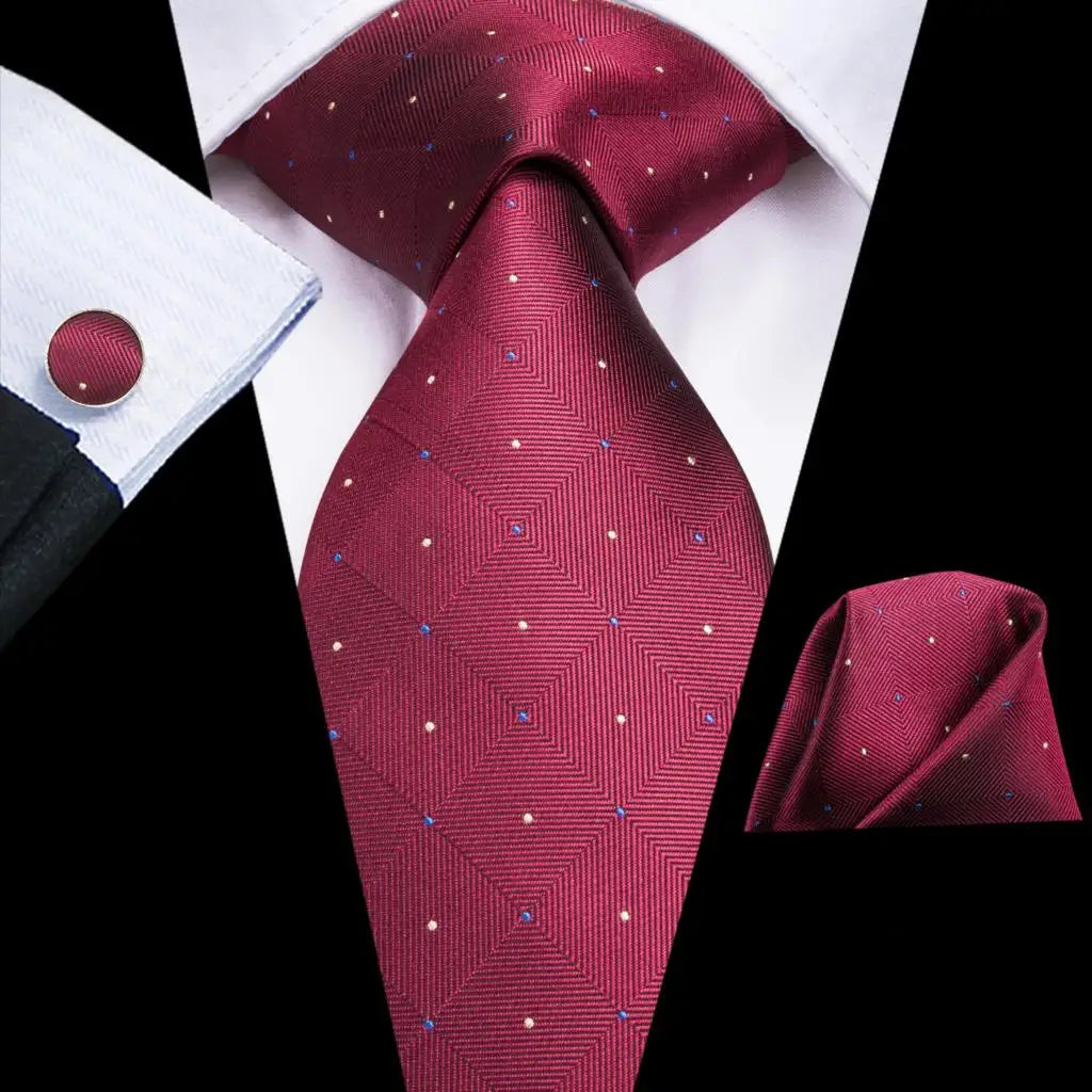 Hi-Tie Designer Red Burgundy Plaid Silk Wedding Tie For Men Handky Cufflink Gift Mens Necktie Fashion Business Party Dropshiping Good Vibrations