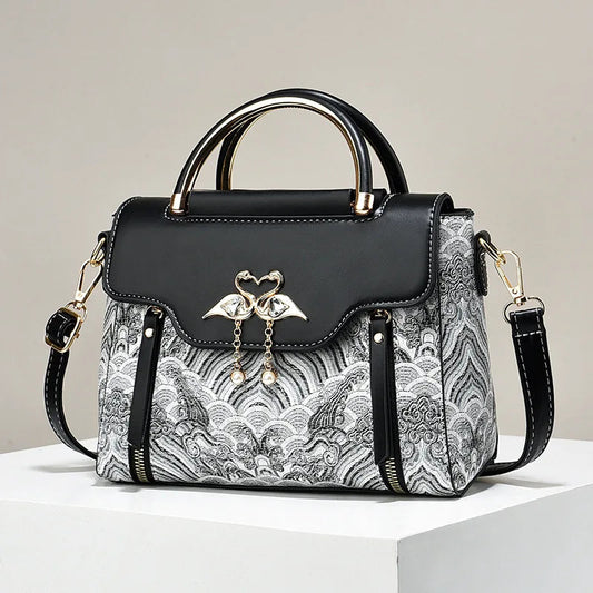 Embroidered Color-Block Handbag Women's Trendy Crossbody Bag Elegant Top-Handle Purse Fashionable Designer Shoulder Bag Lady Good Vibrations