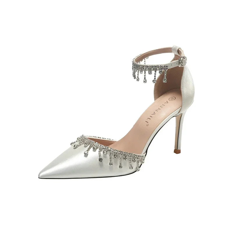 Comemore 2025 White Wedding Bridesmaid Shoes Satin Fashion Rhinestone Fringe Chain High Heels Black Temperament Elegance Pumps Good Vibrations
