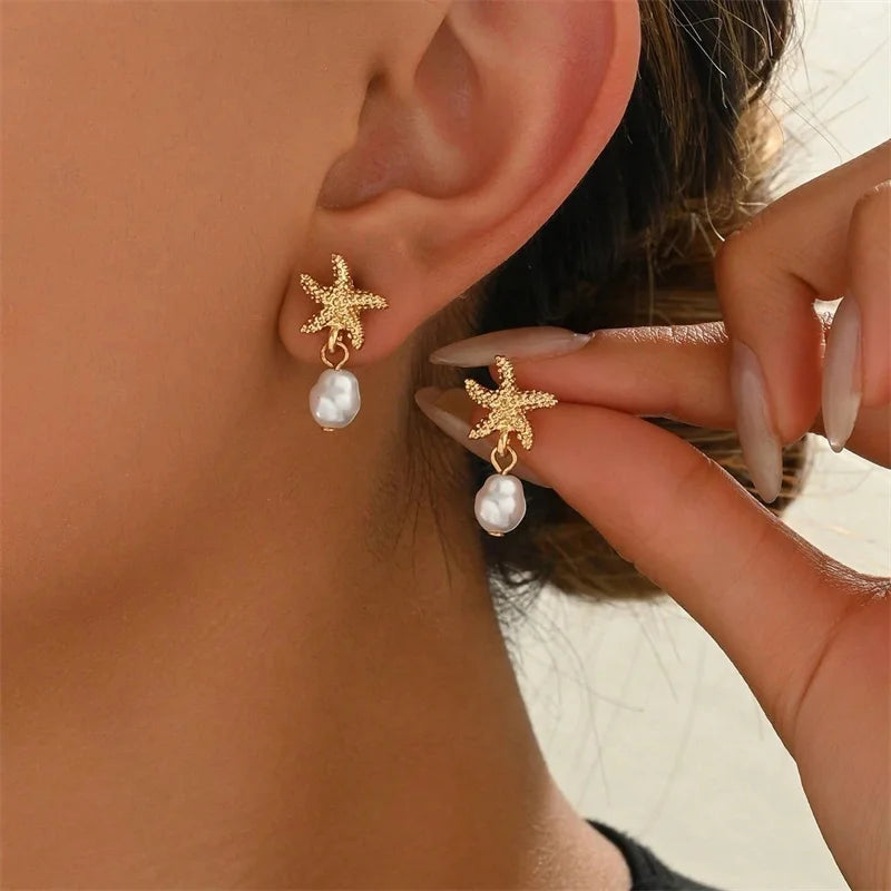 Fashion Asymmetric Ocean Style Earrings Stud For Women Starfish Shell Earring Ear Ring Imitation Pearl Zircon Jewelry Gift Good Vibrations
