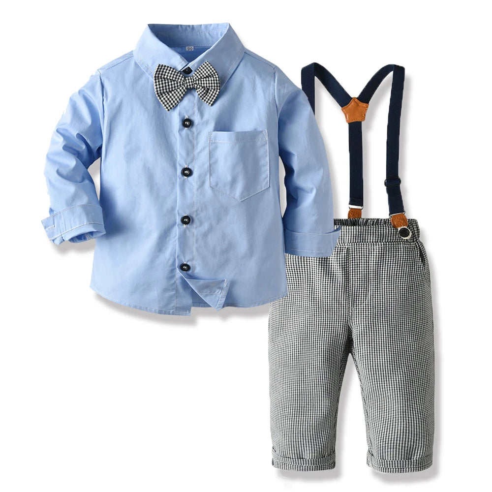 Top and Top Boys Clothing Sets Springs Autumn New Kids Boys Long Sleeve Plaid Bowtie Tops+Suspender Pants Casual Clothes Outfit Good Vibrations
