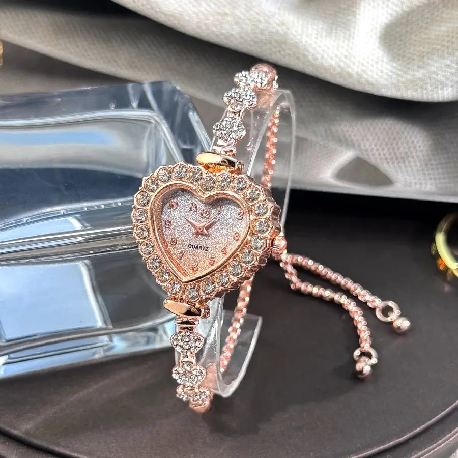 New Fashion Heart-shaped Ribbon-Strap Diamond-Studded Flower Watch for Women with Adjustable Bracelet Good Vibrations