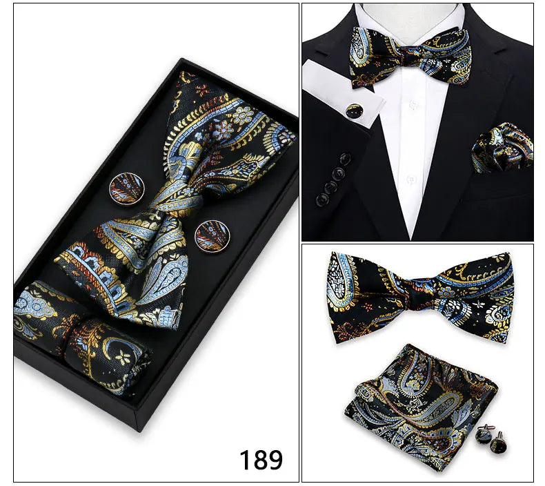 Bowtie For Men Set Gift Box Business Gift Fashion Bow Tie Pocket Square Cufflinks Set Bowtie 3pcs For Wedding Hanky Cravata Neck Good Vibrations