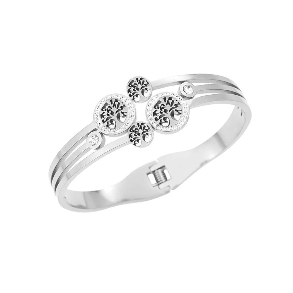 Round stainless steel spring bracelet, gold-plated tree of life bracelet, luxury crystal zircon, women's bracelet, wedding wear Good Vibrations