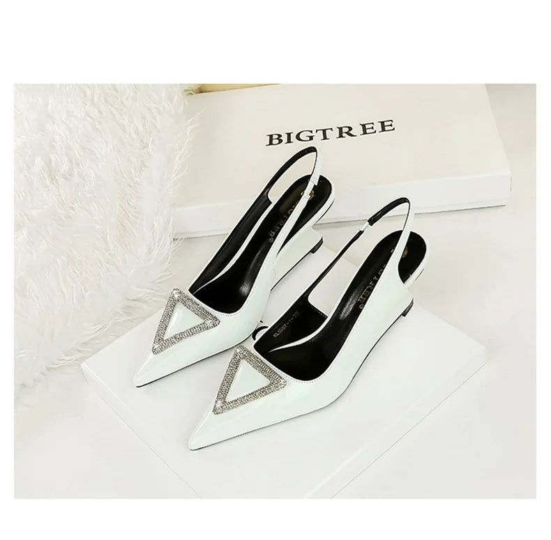 Wedges Women Shoes High Heel Shallow Pointed Toe Hollow Back Straps Patent Leather Triangle Metal Crystal Buckle Pumps Good Vibrations