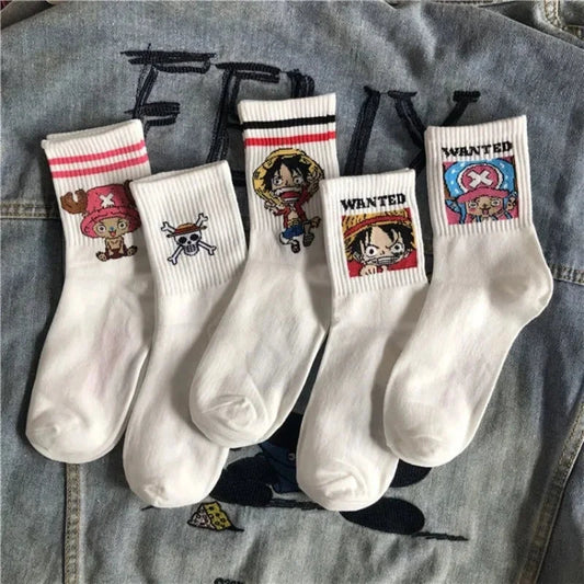 5Pair Anime One Piece Socks Cartoon Luffy Chopper Student Cotton White Long Short Boat Socks Printed Knitted Socks Children Gift Good Vibrations