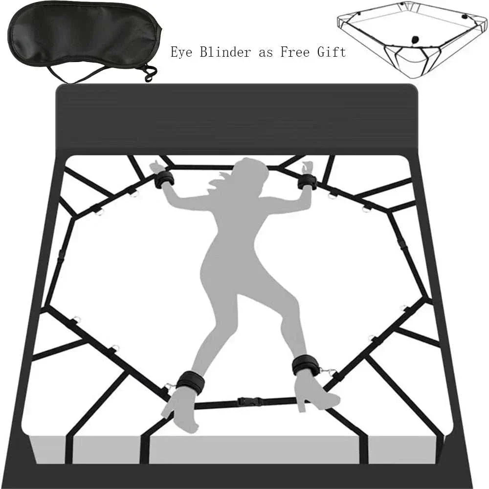 BDSM bed restraint system with nylon handcuffs and ankle cuffs for couples.