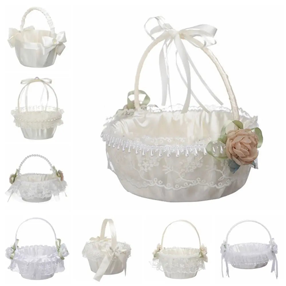 Fashion Lace Wedding Flower Basket Rose Flower Ribbon Bow Satin Bow Hanbag Tote Bag Storage Bag Flower Girls Basket Party Good Vibrations