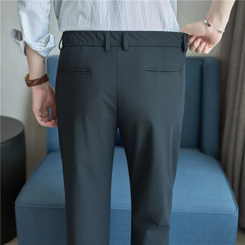 Men Straight Leg Suit Pants Summer Ice Silk Lightweight Elastic Waist Casual Loose Wide-leg Trousers Dress Pants Men Clothing