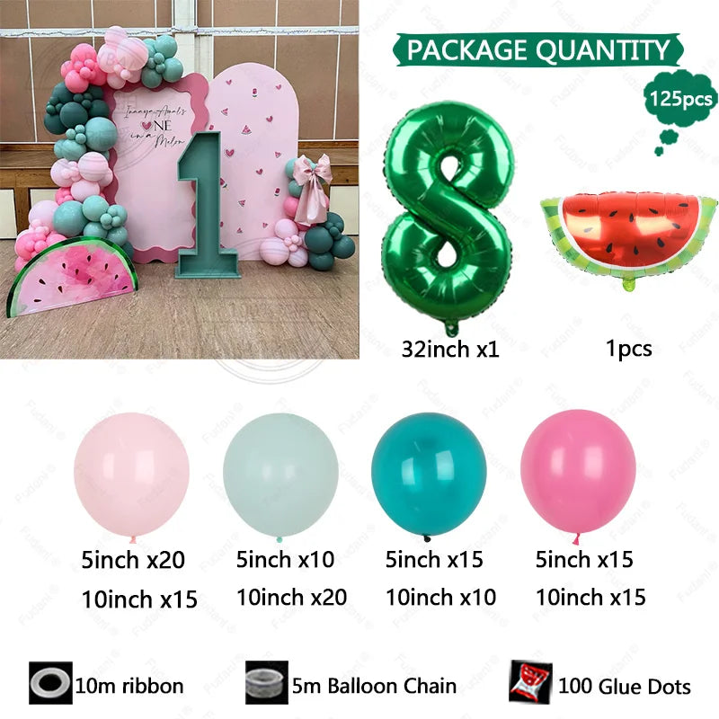 125pcs Summer Fruit Themed Party Decoration Green Number Birthday Balloon Set Red Watermelon Balloon Birthday Photo Background Good Vibrations