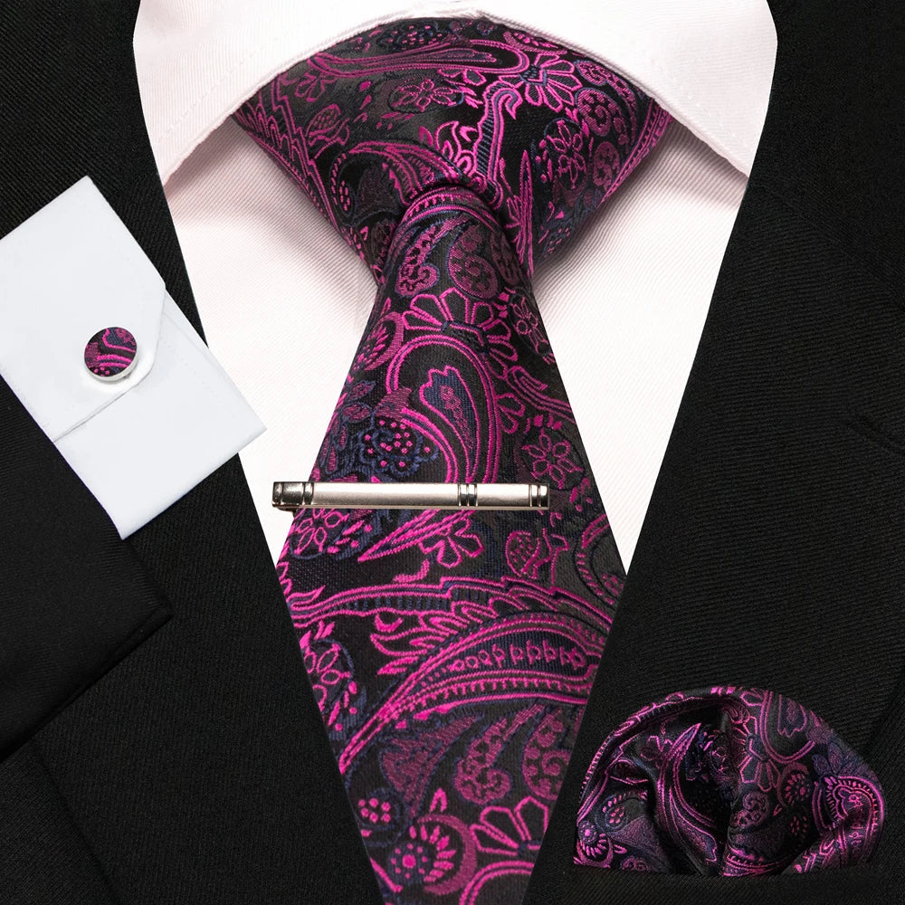 8cm Silk Mens Ties Green Black Ties plaid stripe NeckTie Pocket Square Cufflinks Tie clips Set Men's Wedding business Party Tie Good Vibrations