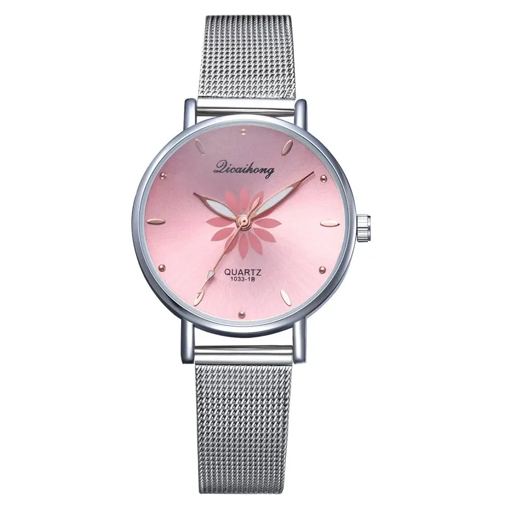 Watches For Women Luxury Silver Popular Pink Dial Flowers Metal Ladies Bracelet Quartz Clock Ladies Wrist Watch New Clock Good Vibrations