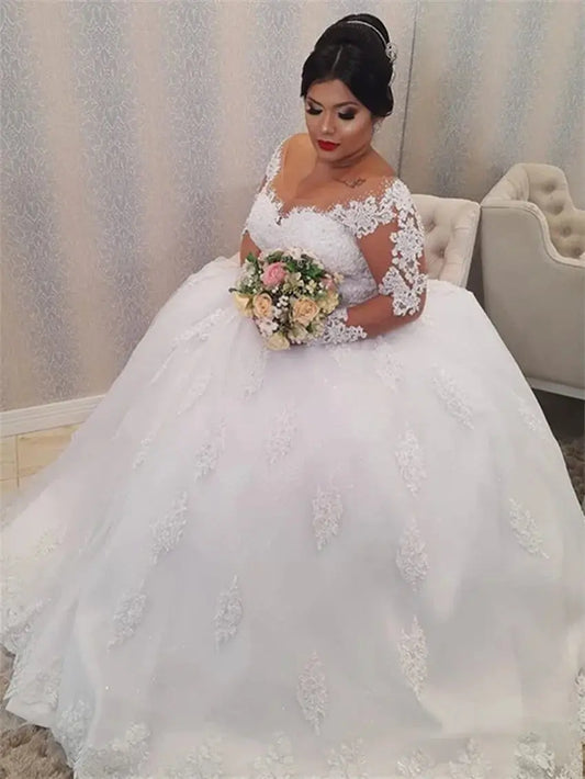 vestido de casamento Wedding Dress Plus Size Illusion Long Sleeve Pearls Beading Appliques White Bridal Gowns vestido de noiva Good Vibrations