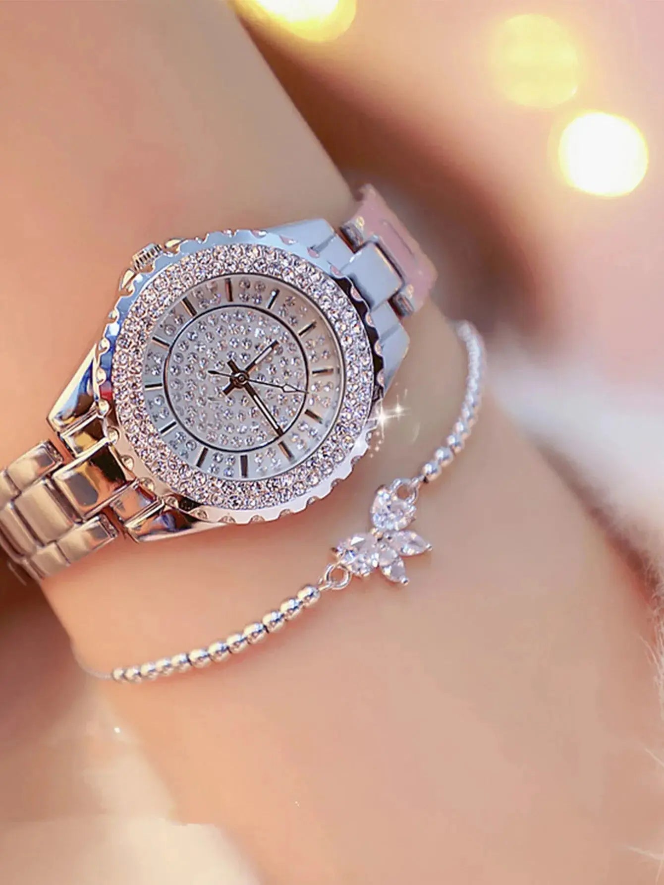 New Women Quartz Steel Belt Bracelet Watch Set Good Vibrations