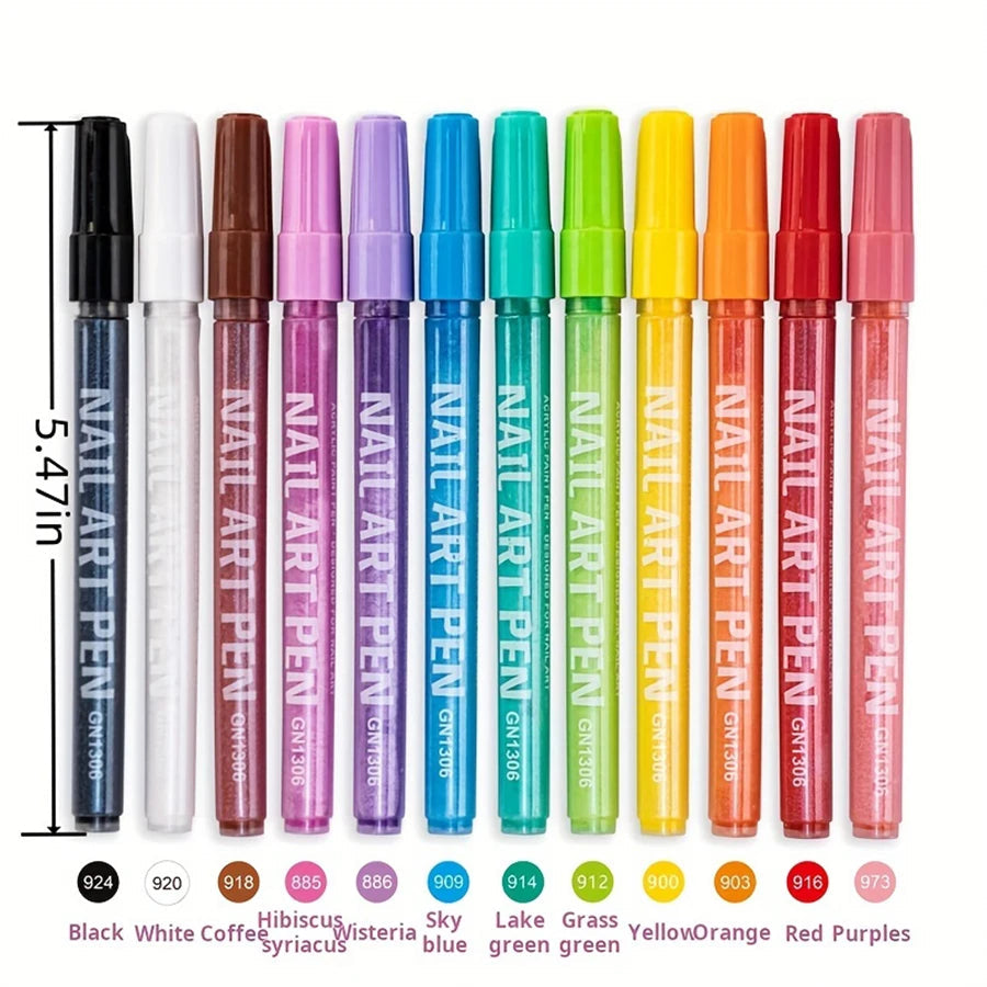 12 Color Nail Art Pens,Quick-Drying Acrylic Color Pens, Turn up DIY art on your fingertips to create a variety of wearable nails Good Vibrations