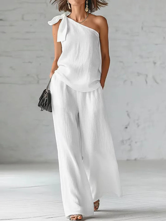 Women's 2 Piece Set 2026 Summer Sexy One Shoulder Tie Knot Top And Wide Leg Pants Suit Casual Loose Summer Beach Vacation Outfit Good Vibrations