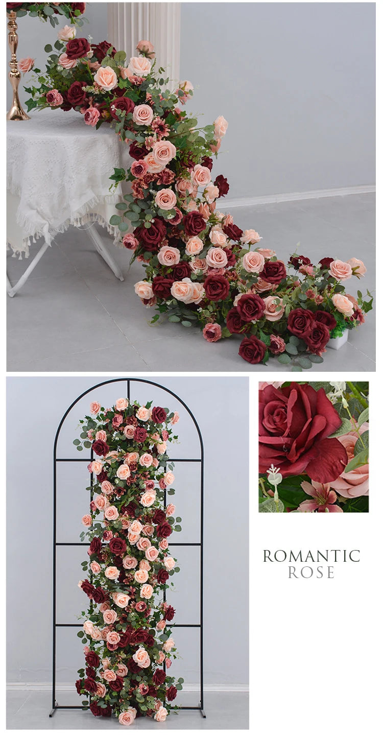 Uflower Red Rose Green Leaf Artificial Flowers Row Arrangement Wedding Table Center Flower ball Event Party Backdrop Decor Props Good Vibrations