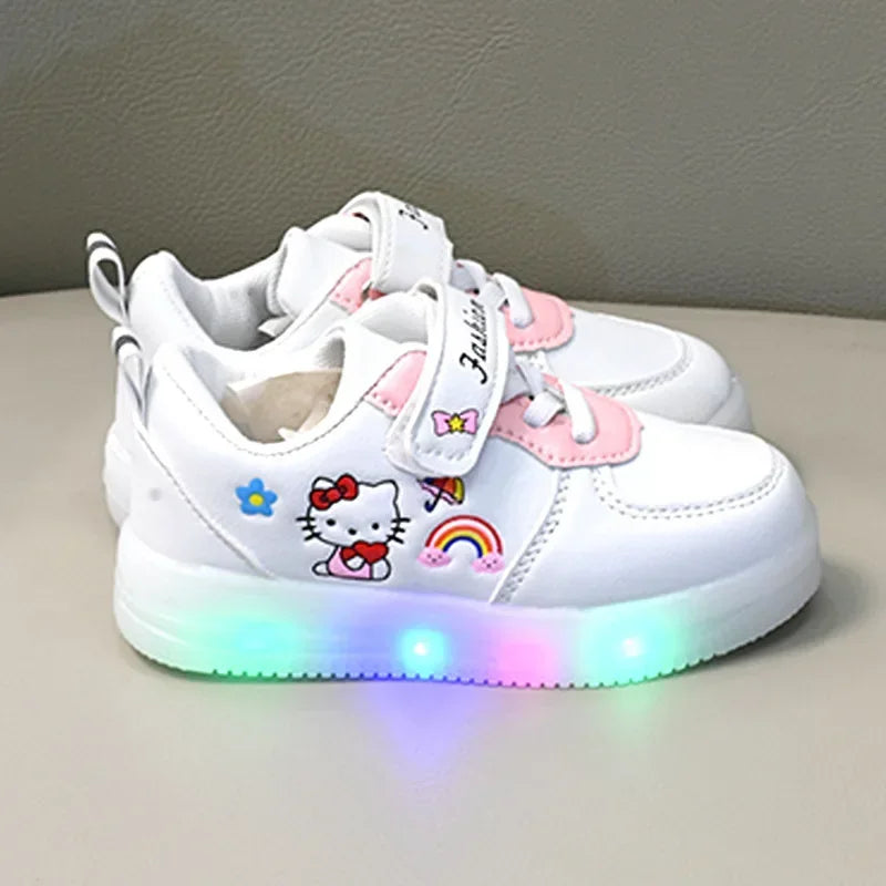 LED Kids Shoes for Girls Cute Cartoon Hello Kitty Shoes Baby Girl Kawaii Canvas Shoes Soft Bottom Sneakers Casual Shoes Good Vibrations