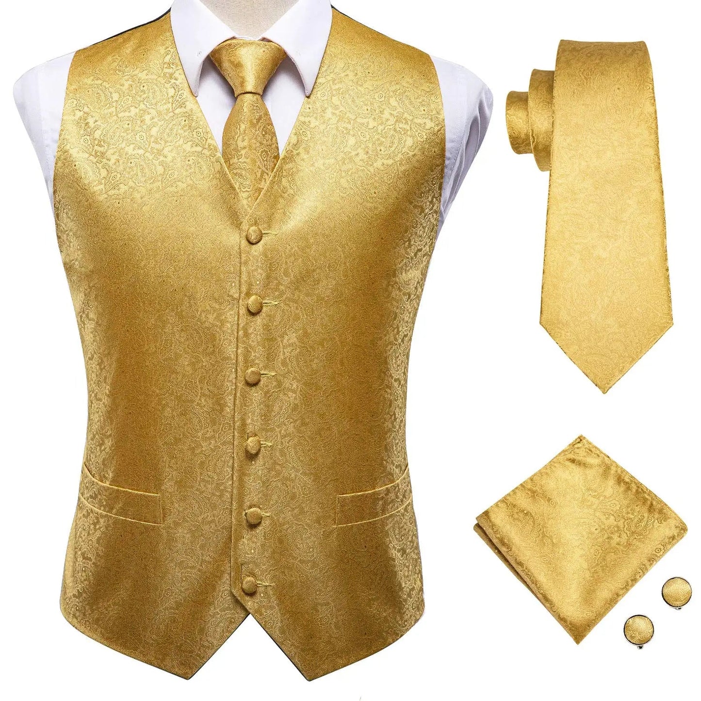 Hi-Tie Black Men Silk Vest Paisley Jacquard Necktie Hankerchief Cufflinks Sets Male Sleeveless V-Neck Waistcoat Business Formal Good Vibrations