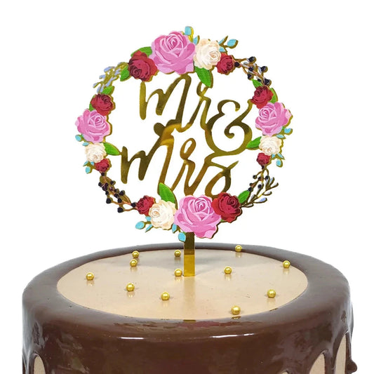 Color Mrs & Mrs Wedding Party Cake Toppers Gold Flowers Acrylic Bride and Groom Cake Toppers for Happy Wedding Cakes Decoration Good Vibrations