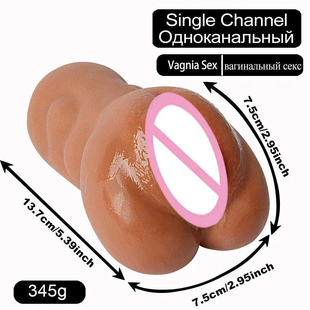 Realistic vagina pocket pussy for men with single channel design, brown color, 345g.