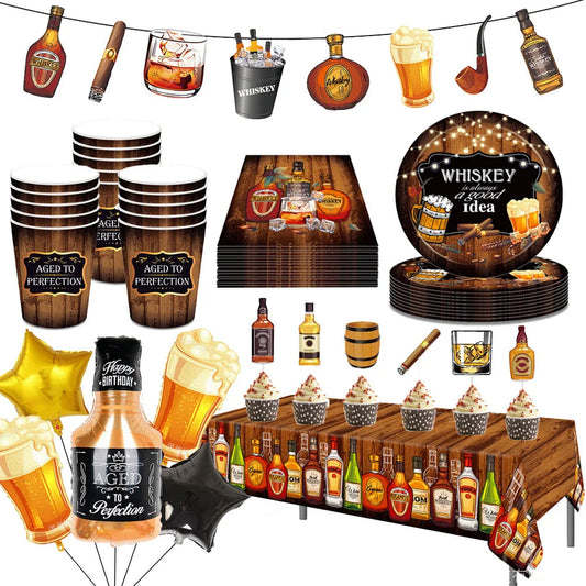 Whiskey Beers Birthday Party Decorations Disposable Tableware Tablecloths Whiskey Bottles Balloon Men Birthday Party Supplies Good Vibrations