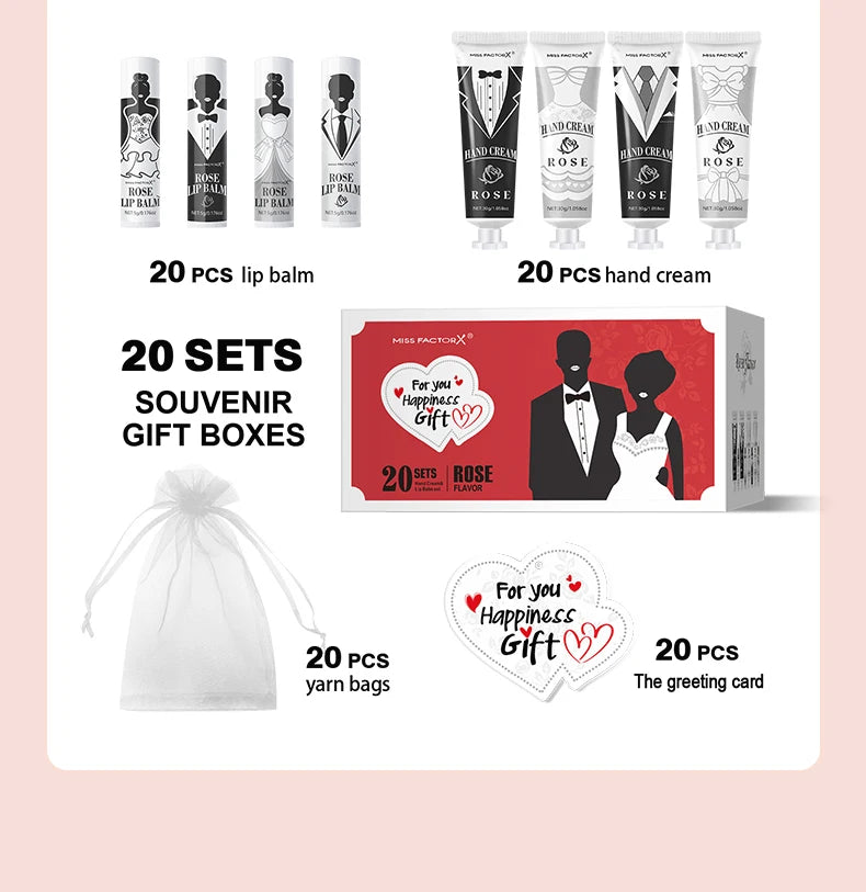 20 sets of wedding dress and suit theme gifts include hand cream, lipstick, white drawstring bag and wedding love greeting card