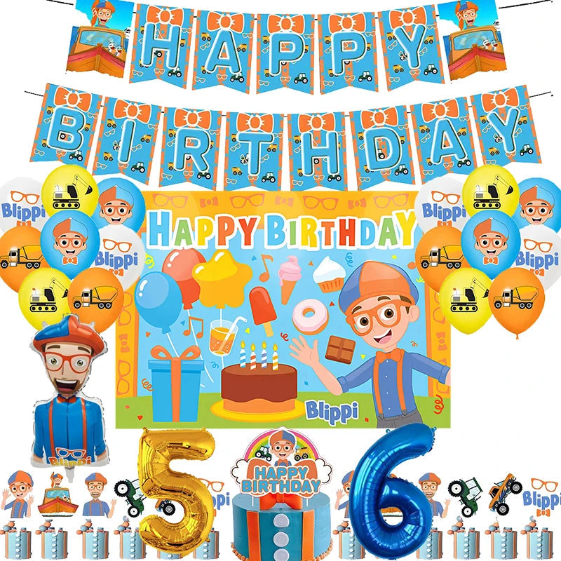 New Blippiing Birthday Party Decoration Foil Balloon Backdrop Banner Cake Topper Baby Birthday Party Supplies Good Vibrations