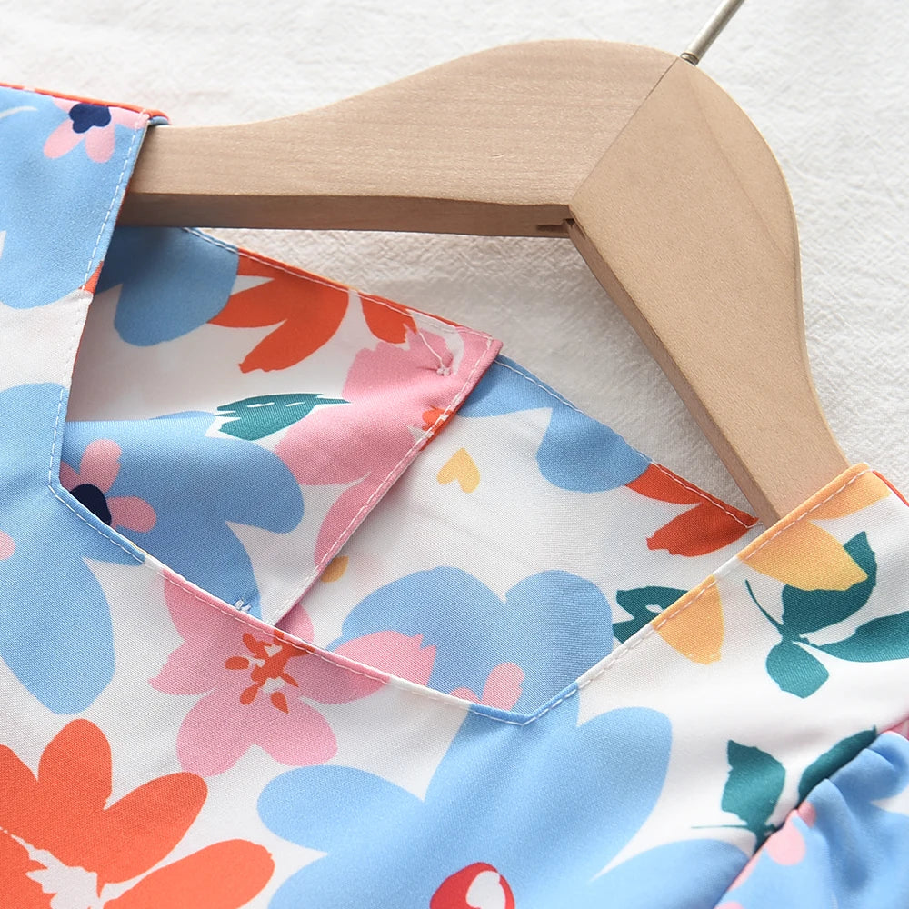 Girls Dresses 2023 Summer New Baby Girls Colourful Floral Short-sleeved Dresses 3-7 Years Old Girls Clothing Good Vibrations
