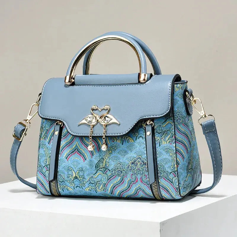 Embroidered Color-Block Handbag Women's Trendy Crossbody Bag Elegant Top-Handle Purse Fashionable Designer Shoulder Bag Lady Good Vibrations