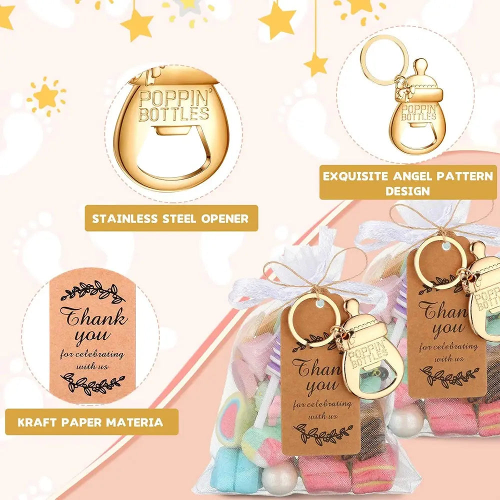 10 set baby shower gift set, bottle shaped opener with hard gauze bag commemorative keychain, thank you label themed party gift Good Vibrations