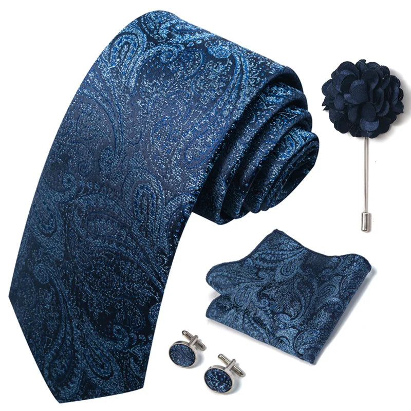Luxury Mens Ties Floral Black Gold Ties Paisley NeckTie Pocket Square Cufflinks Brooch Set Men's Wedding Party Tie Good Vibrations