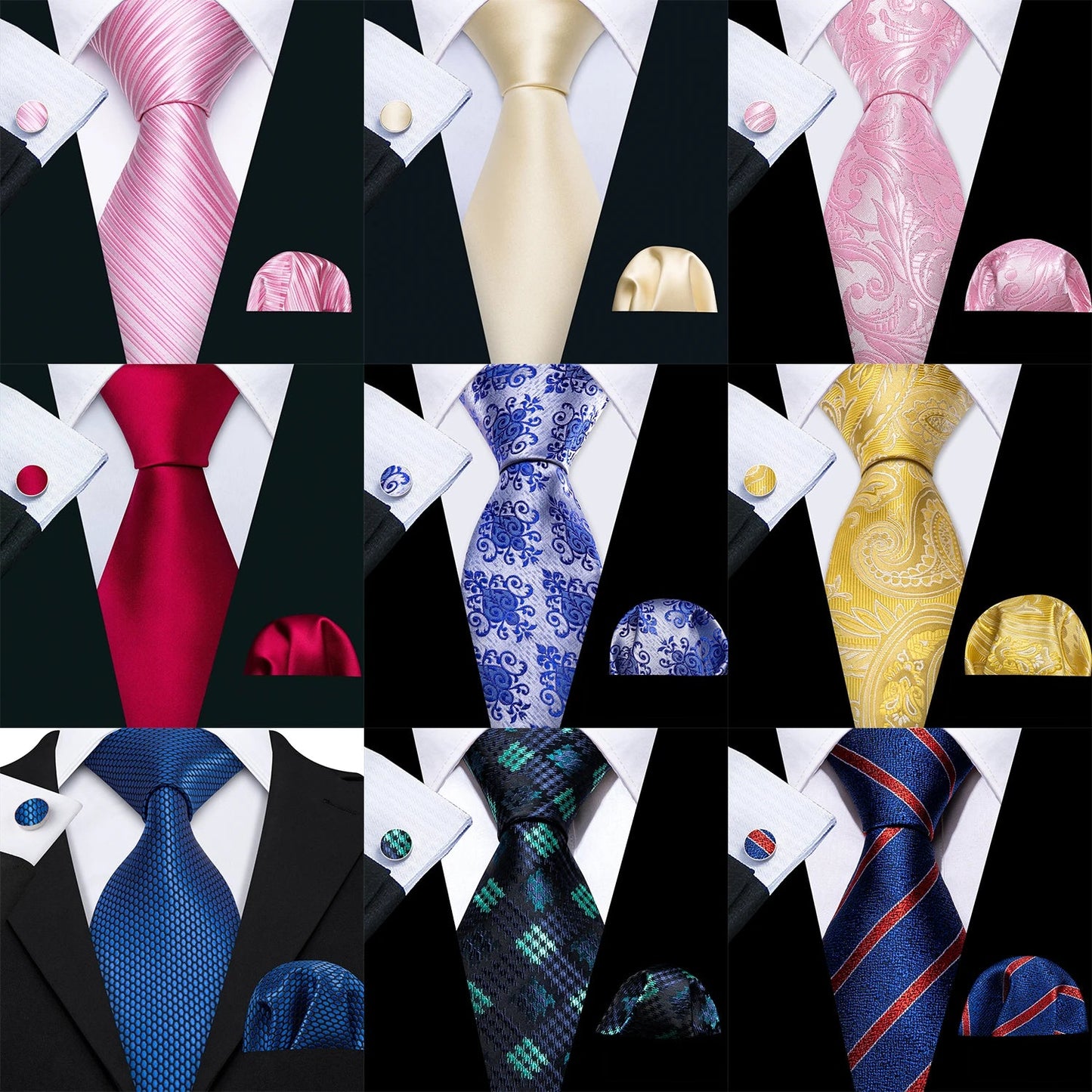Mens Tie Ivory Red Green Blue Pink Geometric Solid Ties Hanky Cufflinks Set Necktie Formal Wedding Dinner Party Good Vibrations
