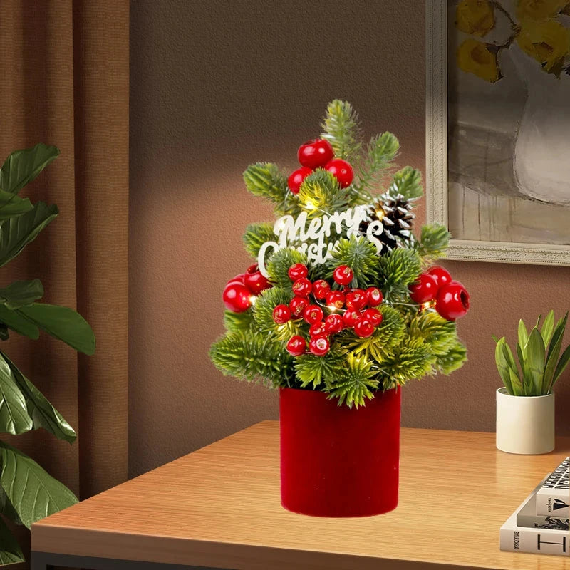 Hot Sale European Style Mini Christmas Tree Decorations Handmade Red Fruit LED Pine Desktop Mini Home Decorations for Christmas Good Vibrations