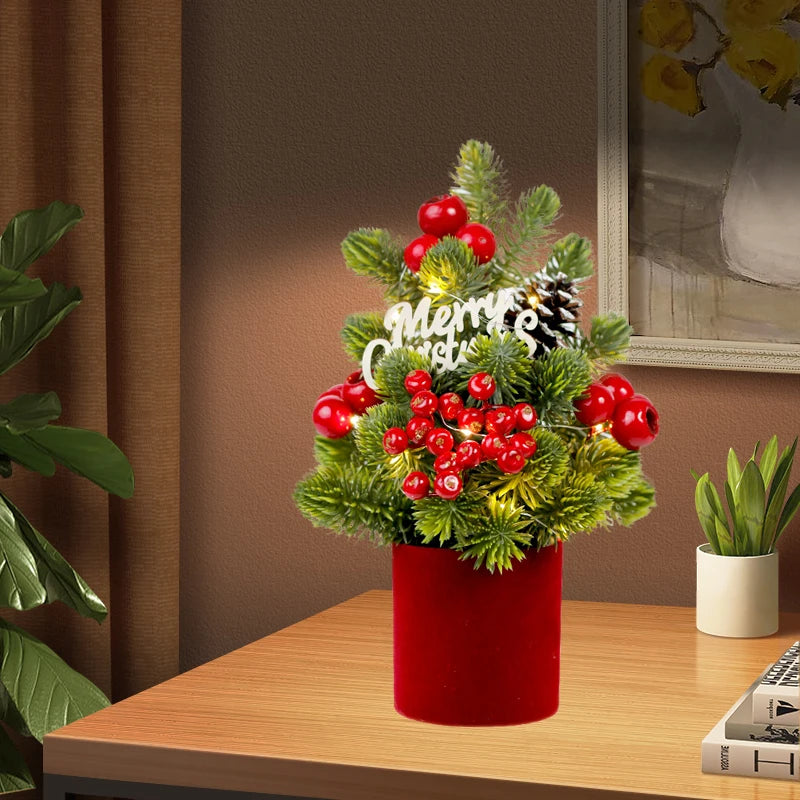 Hot Sale European Style Mini Christmas Tree Decorations Handmade Red Fruit LED Pine Desktop Mini Home Decorations for Christmas Good Vibrations
