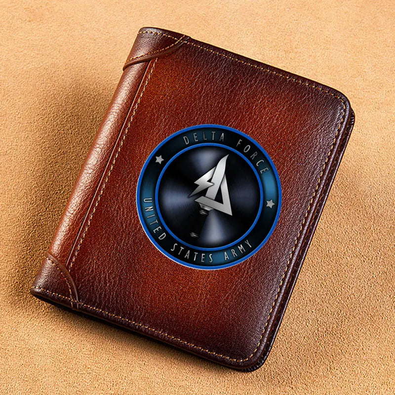 High Quality Genuine Leather Men USA FBI Department Of Justice Printing Cover Short Card Holder Purse Luxury Brand Male Wallet Good Vibrations