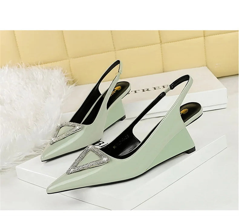 Wedges Women Shoes High Heel Shallow Pointed Toe Hollow Back Straps Patent Leather Triangle Metal Crystal Buckle Pumps Good Vibrations