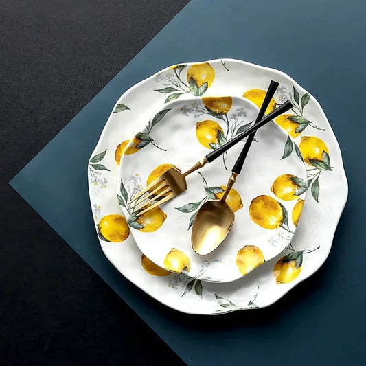 European Ceramic Plate Creative Rural Style Breakfast Bread Plate Hand Drawn Lemon Desktop Fruit Salad Plates Kitchen Tableware Good Vibrations