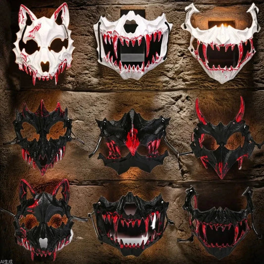Halloween Bone Skull Masks Half-face Bloody Mask Cosplay Dragon God Fierce Tiger Night Fork Tengu Man Wolf Mask Party Decor Prop Good Vibrations
