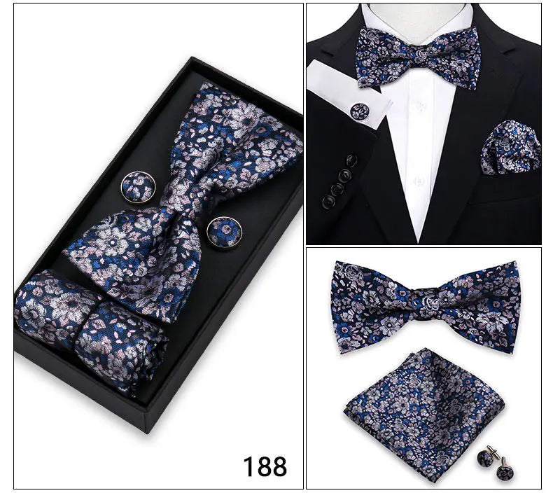 Bowtie For Men Set Gift Box Business Gift Fashion Bow Tie Pocket Square Cufflinks Set Bowtie 3pcs For Wedding Hanky Cravata Neck Good Vibrations