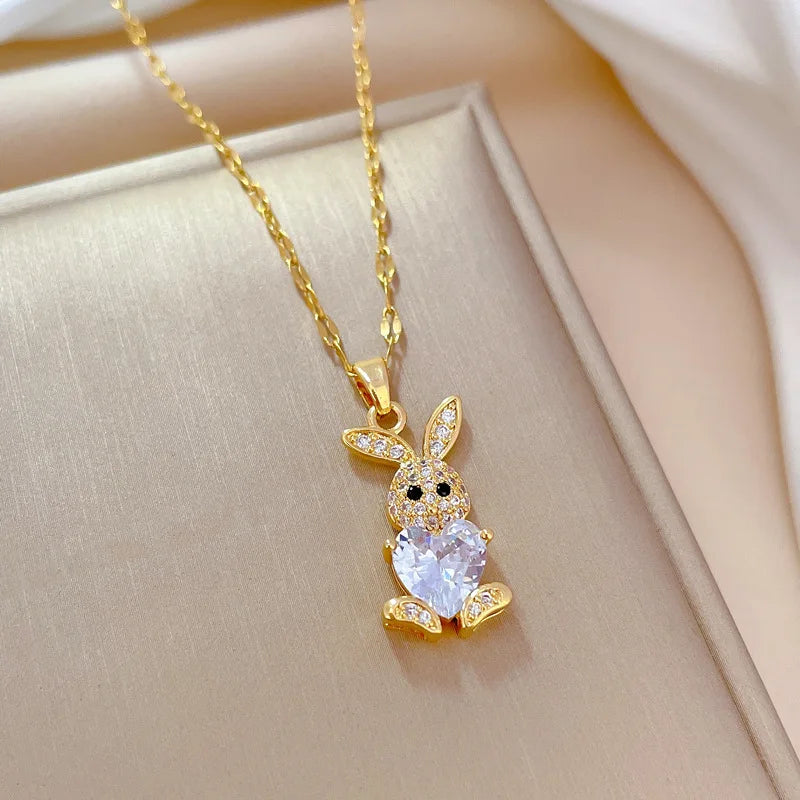 Stainless Steel Jewelry Sets for Woman Girls Shining Austrian Crystal Cute Rabbit Pendant Necklace Huggie Earrings Birthday Gift Good Vibrations Adult Super Store