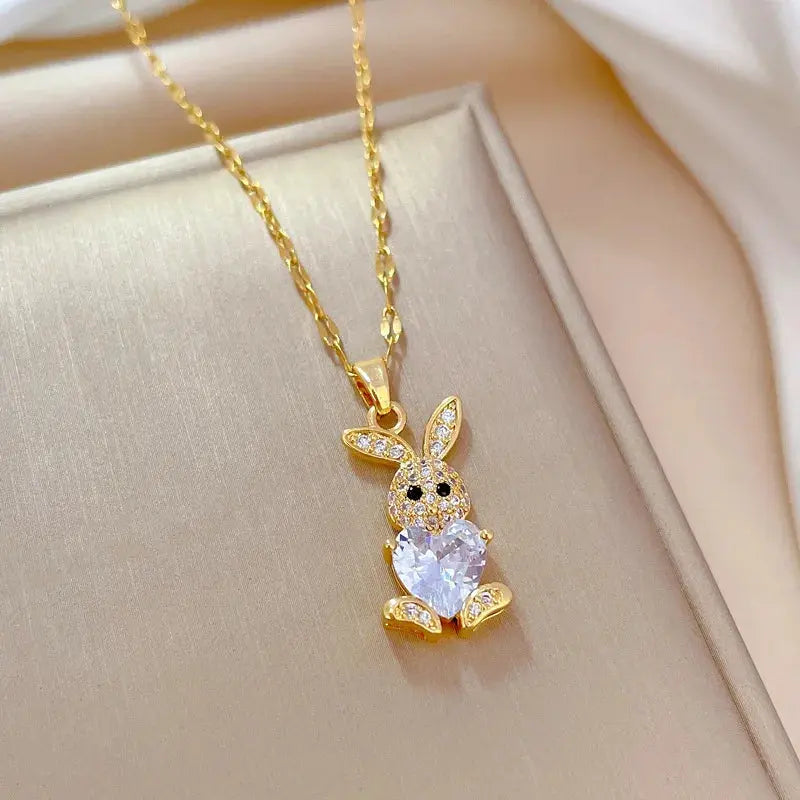 Stainless Steel Jewelry Sets for Woman Girls Shining Austrian Crystal Cute Rabbit Pendant Necklace Huggie Earrings Birthday Gift Good Vibrations Adult Super Store