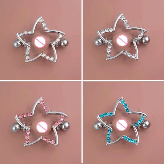 2pcs Nipple Ring Barbell Rhinestone Paved Star Shape Nipplerings Piercing Stainless Steel 14G Nipple Rings Shields Body Piercing Good Vibrations Adult Super Store