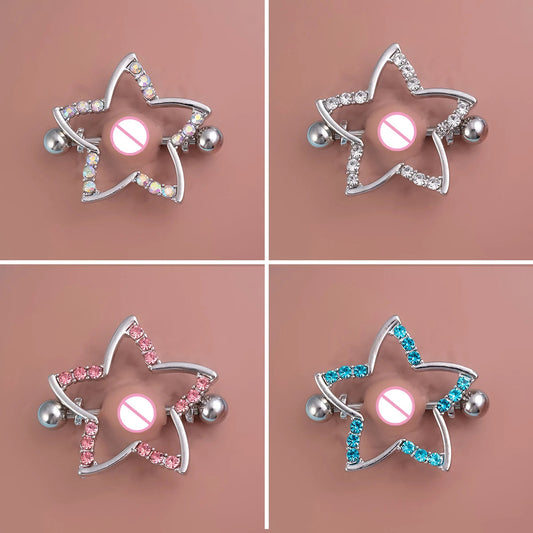 2pcs Nipple Ring Barbell Rhinestone Paved Star Shape Nipplerings Piercing Stainless Steel 14G Nipple Rings Shields Body Piercing Good Vibrations Adult Super Store