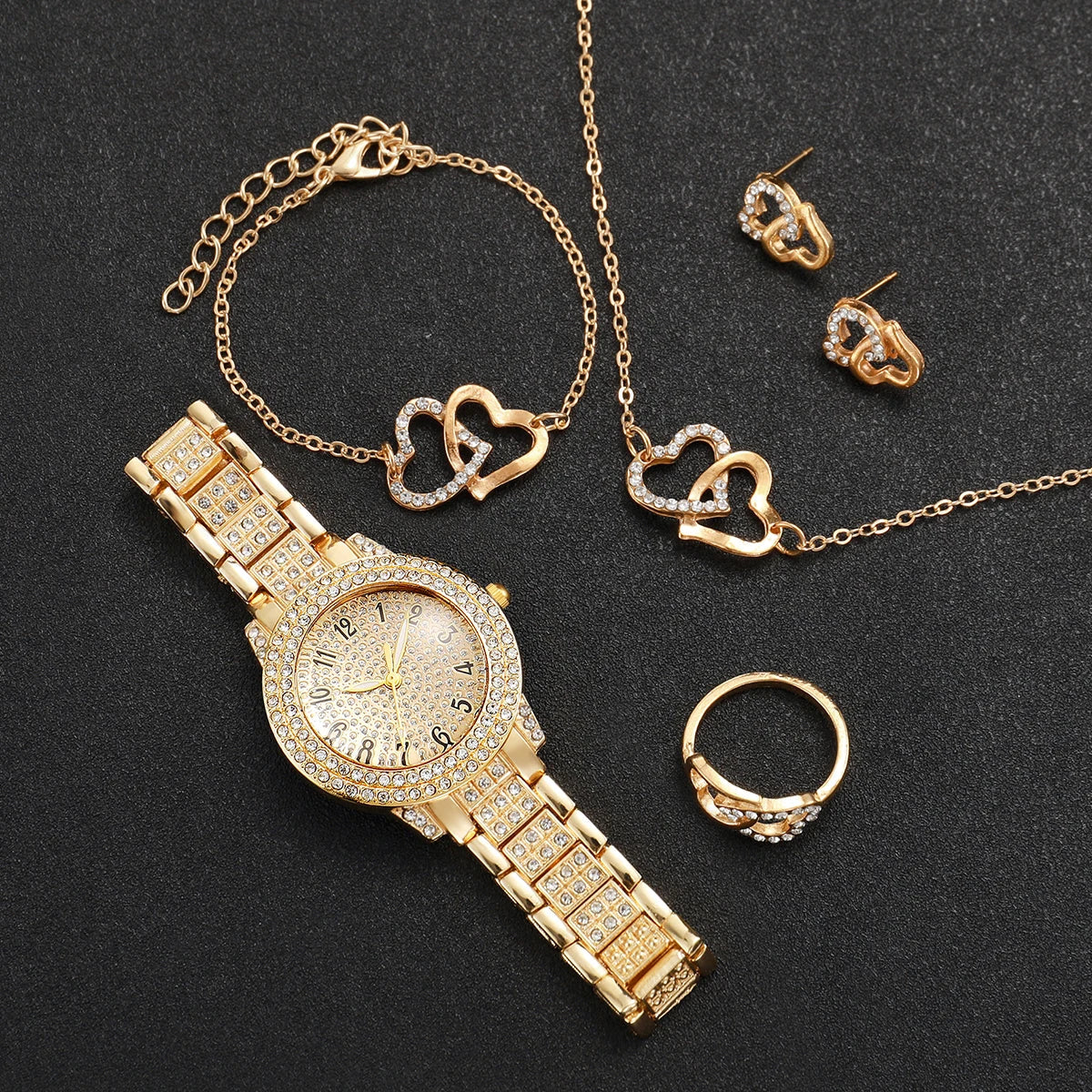 6PCS/Set Women's Watch Fashion Rhinestone StainlessSteel Band Quartz Watches Heart Jewelry Set Good Vibrations