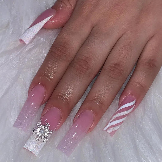 24Pcs Extra Long Square Fake Nail with Glue 3D Little Bear Bow Design False Nails White French Press on Nails Wearable Manicure Good Vibrations